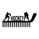 Black steel medal holder with two male hockey players, one waiting for a pass and the other carrying the puck, with 'Hockey' and 15 hooks.